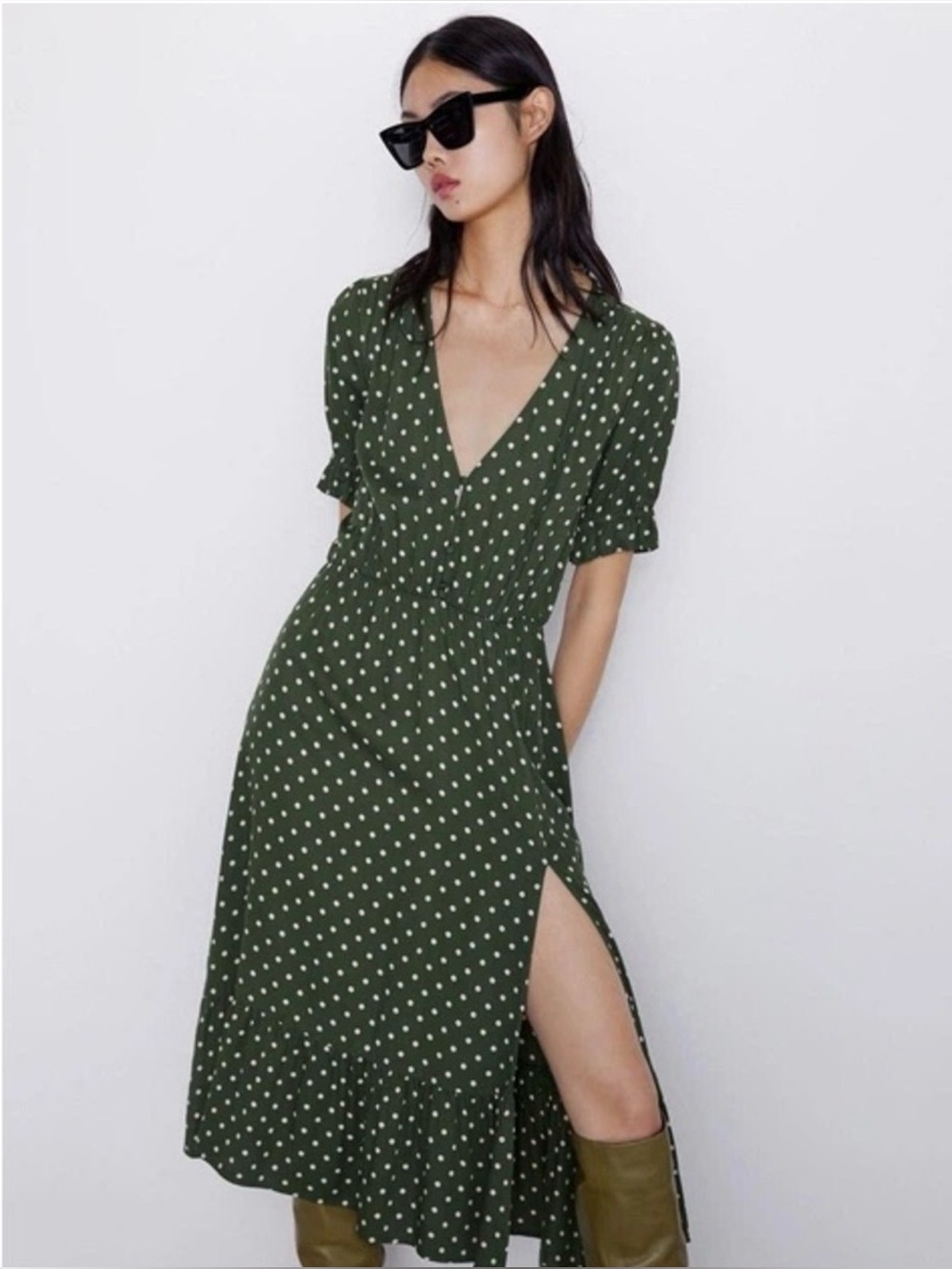Zara Olive Green Polka Dot Midi Dress
